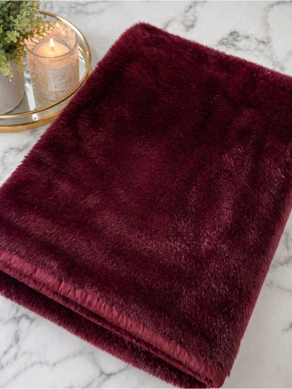 Pottery Barn Plush Faux Fur Throw Blanket in Deep Burgundy